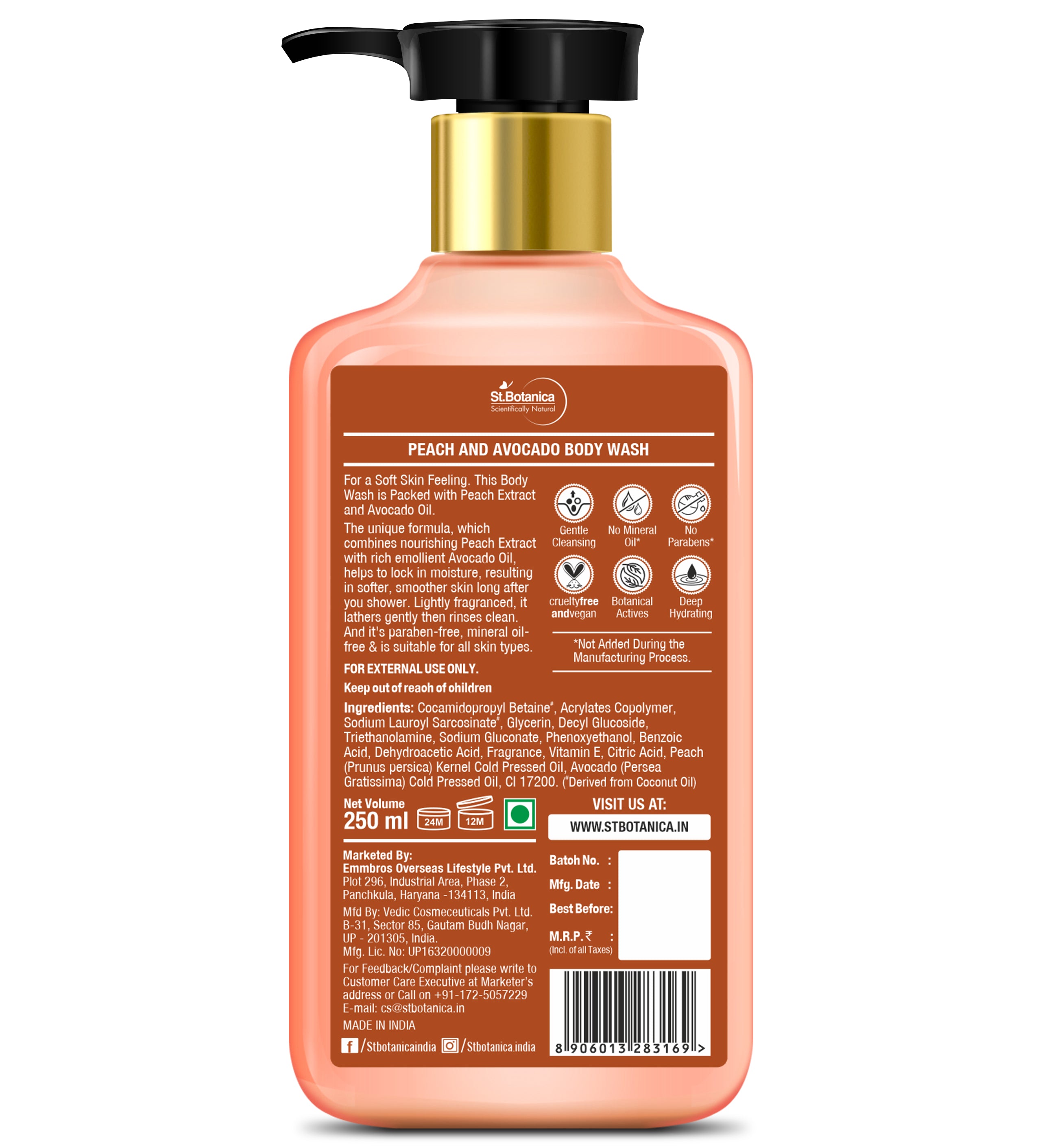 St.Botanica Peach & Avocado Body Wash - No Sls/Sulphate, Parabens, 250 ml
