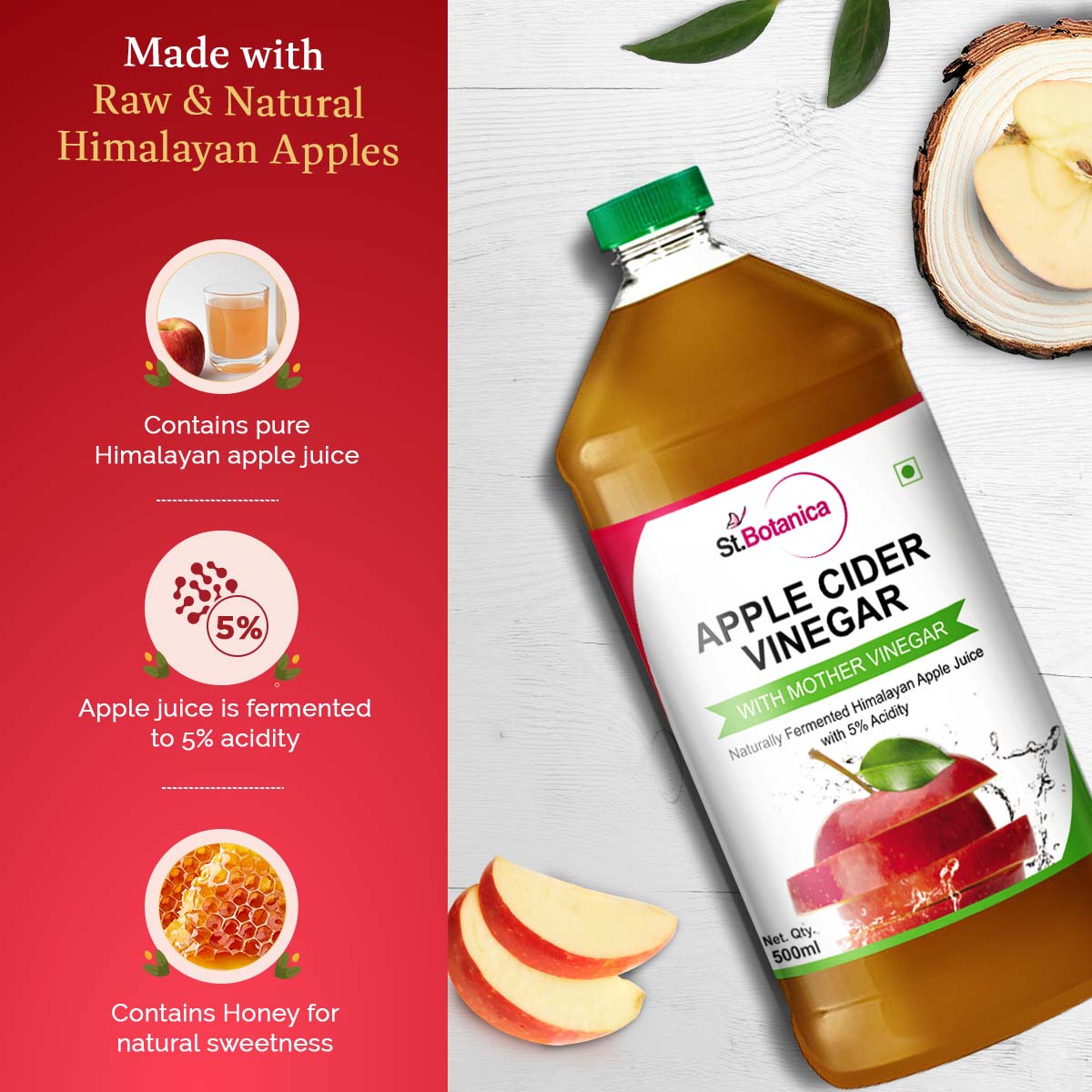 St.Botanica Natural Apple Cider Vinegar with Mother Vinegar - 500 ml - Raw, Unfiltered, UnRefined