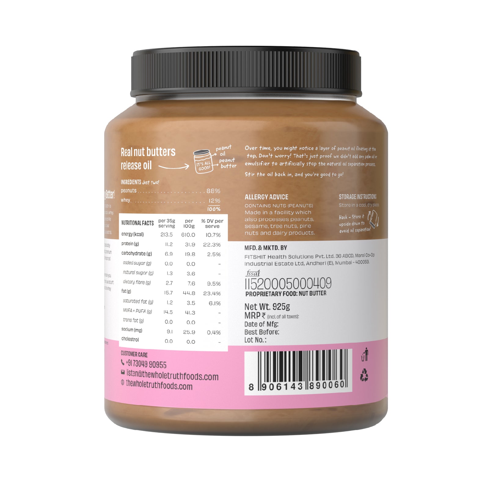 The Whole Truth - Unsweetened Protein Peanut Butter - Crunchy | All Natural | Gluten Free | Vegan | 925g