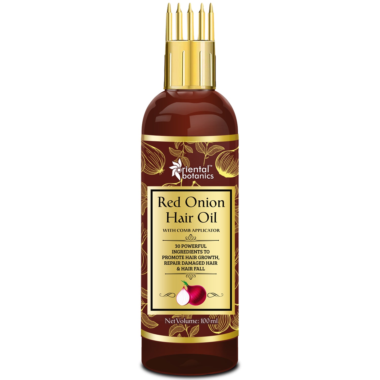Oriental Botanics Red Onion Hair Oil With Comb Applicator - With 30 Oils & Extracts For Stronger Growth and To Control Hair Fall, 100 ml, 100ml + comb applicator