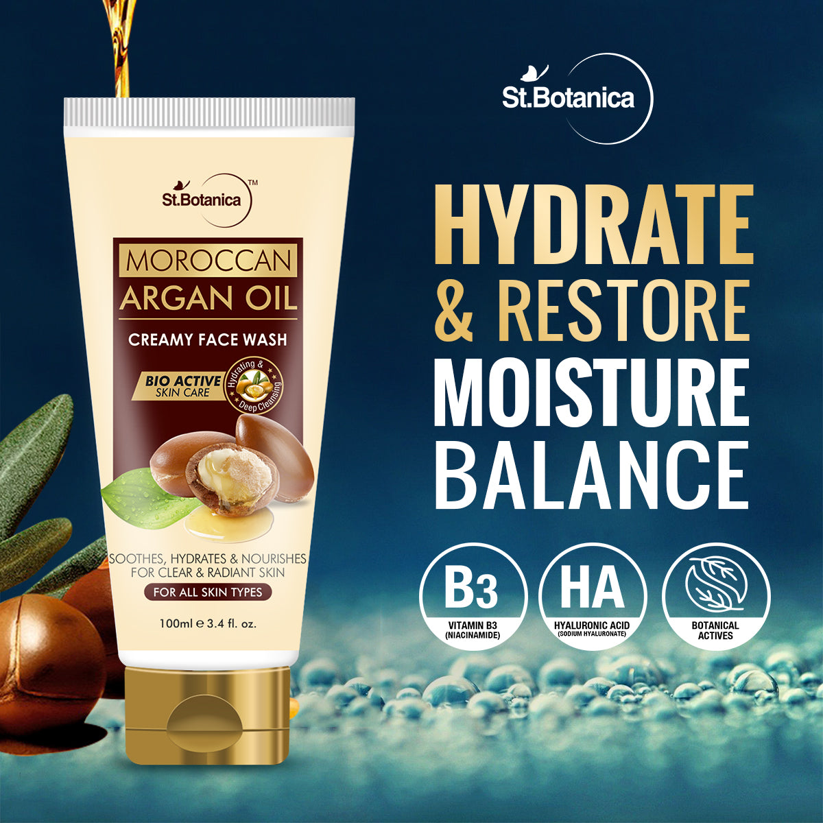 St.Botanica Moroccan Argan Oil Creamy Face Wash - Soothes, Hydrates, Nourishes For Clear & Radiant Skin - No Parabens, Sulphate, Silicones, 100 ml (STBOT554)