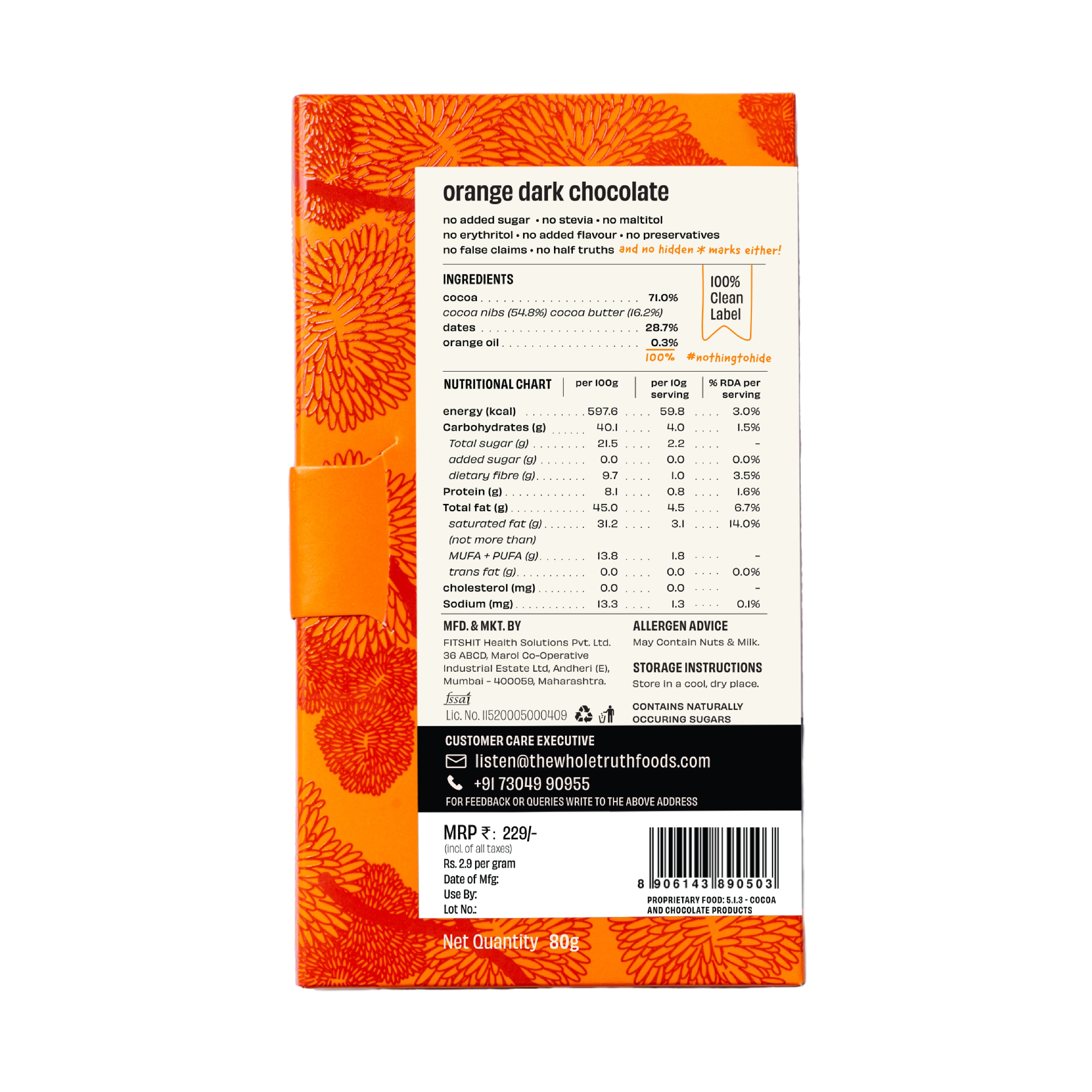 The Whole Truth Dark Chocolate - Orange | Pack of 2 (2 X 80gm) | No Added Sugar, Only Dates | 71% Cocoa, 29% Dates with a dash of Orange Oil