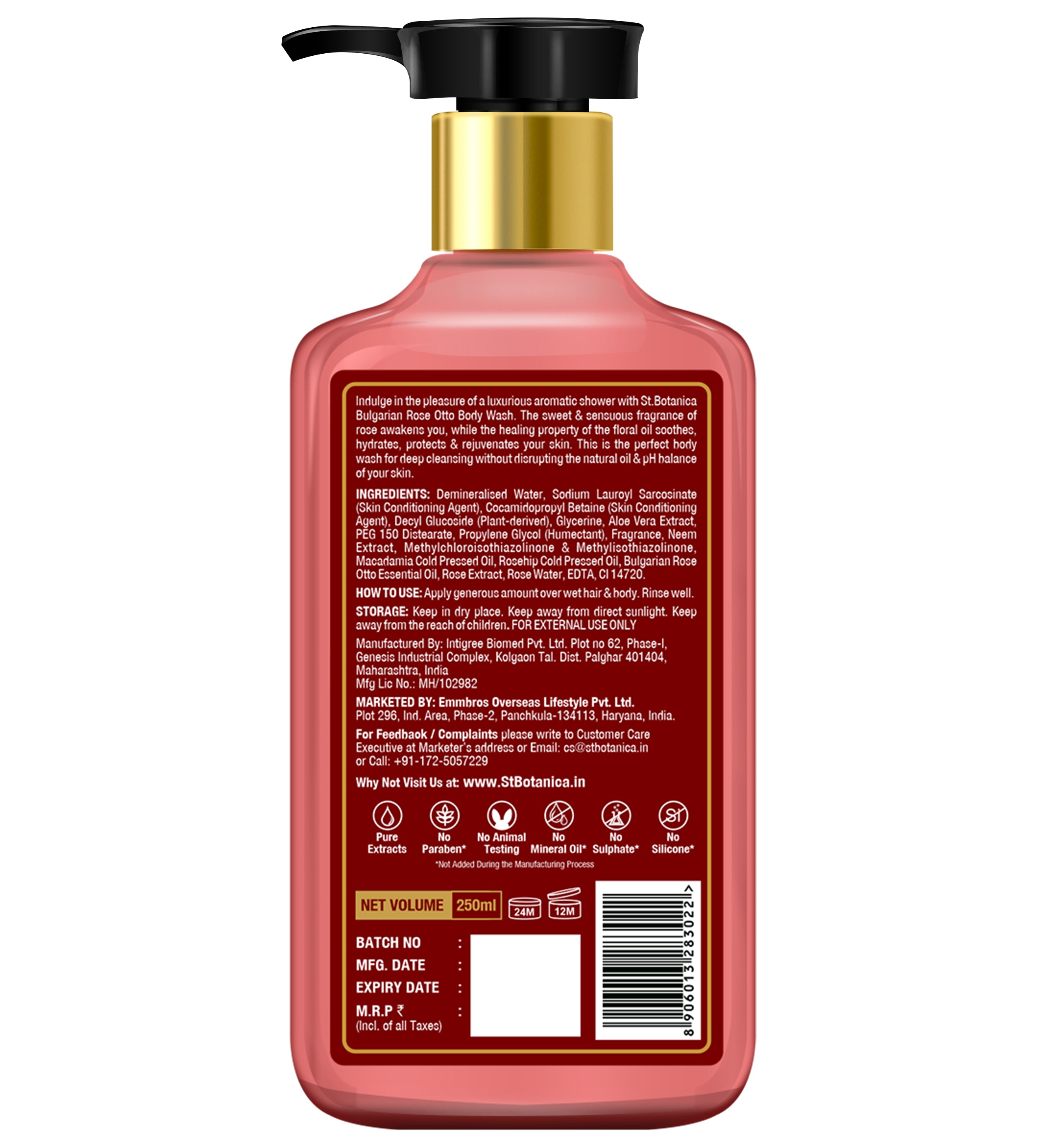 St.Botanica Bulgarian Rose Otto Glow Body Wash Refreshing & Hydrating No Paraben & Sls, 250 ml (STBOT678)