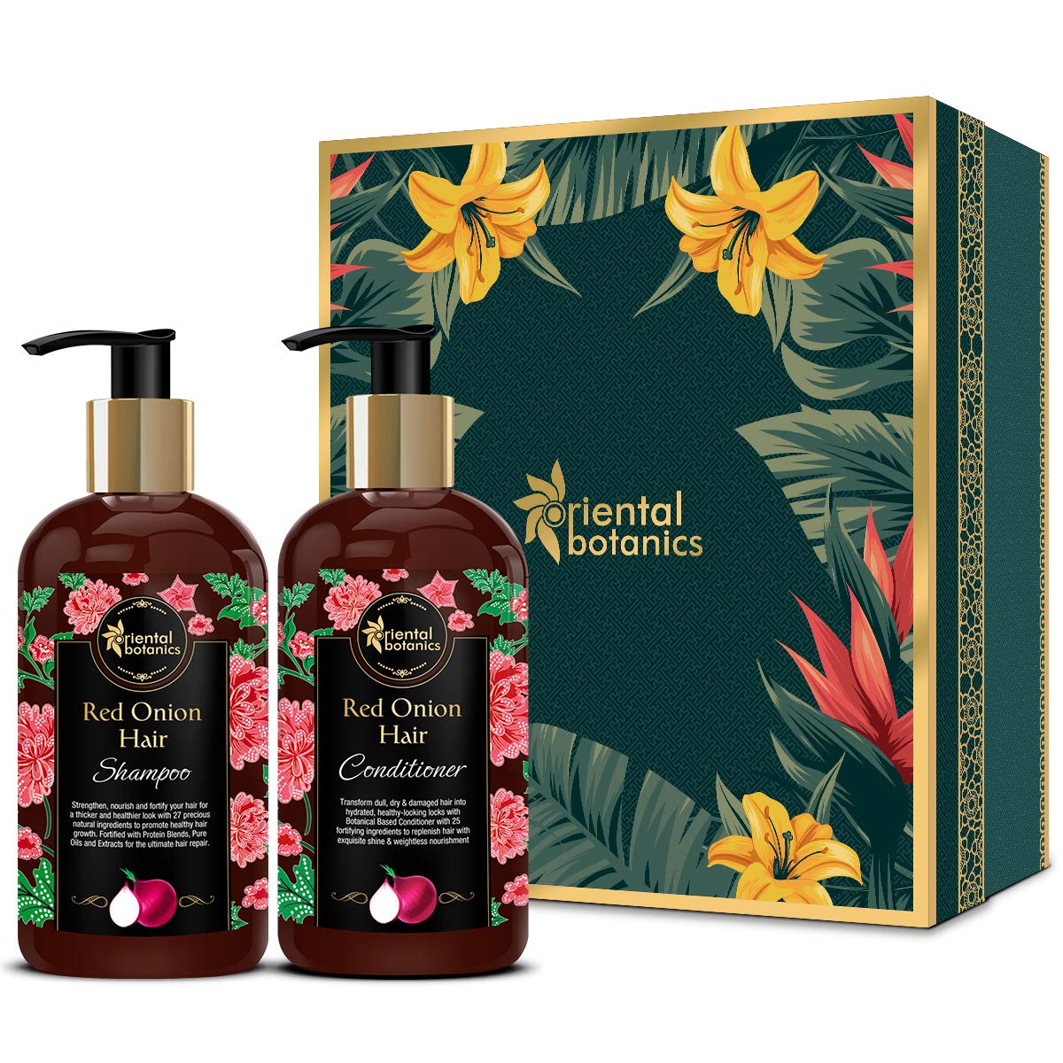 Oriental Botanics Red Onion Hair Shampoo + Red Onion Oil Conditioner Kit with 25 Natural Ingredients (Shampoo + Conditioner, 300ml Each)