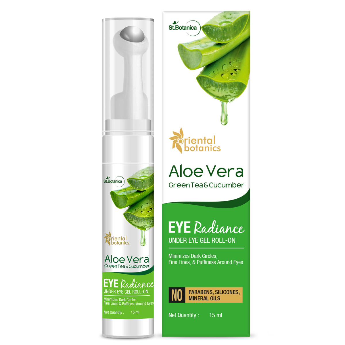 Oriental Botanics Under Eye Gel Roll | Aloe Vera, Green Tea & Cucumber | Reduce Dark Circles, Puffiness and Fine Lines | 15 ml