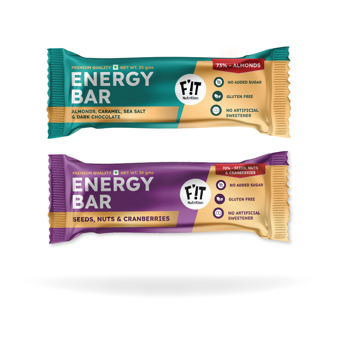 FiT Nutrition Energy Bar | Combo Pack | Almonds (73%) & Dark Chocolate + Cranberries (70%) & Nuts | No Added Sugar | 140g (35g X 4)