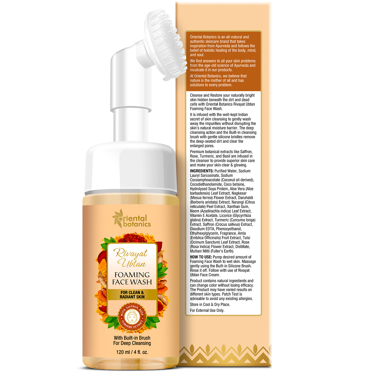 Oriental Botanics Rivayat Ubtan Foaming Face Wash With Built-In Brush, For Clear and Radiant Skin - With Saffron, Rose and Turmeric Extract, 120 ml