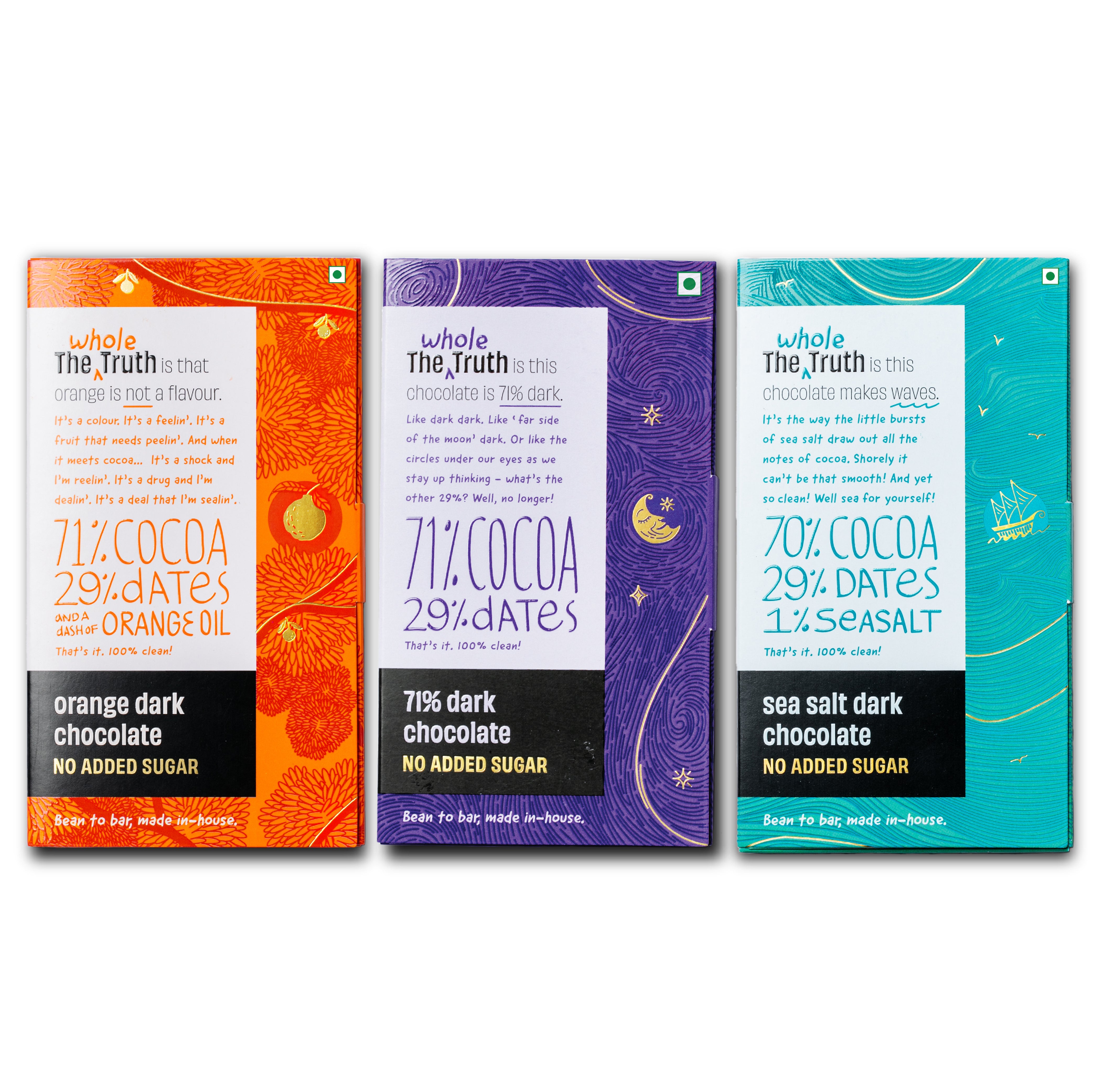 The Whole Truth - Dark Chocolate Combo | 71% Dark Chocolate + Orange + Sea Salt | Pack of 3 x80g | No Added Sugar | Bean to Bar | Vegan | No Artificial Flavours | Portion Controlled | Vegetarian