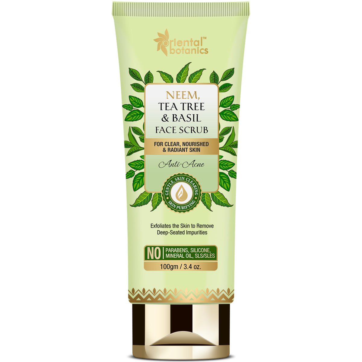 Oriental Botanics Neem, Tea Tree and Basil Anti Acne Face Scrub - For Clear, Nourished and Radiant Skin - No Parabens, Silicones, 100 g