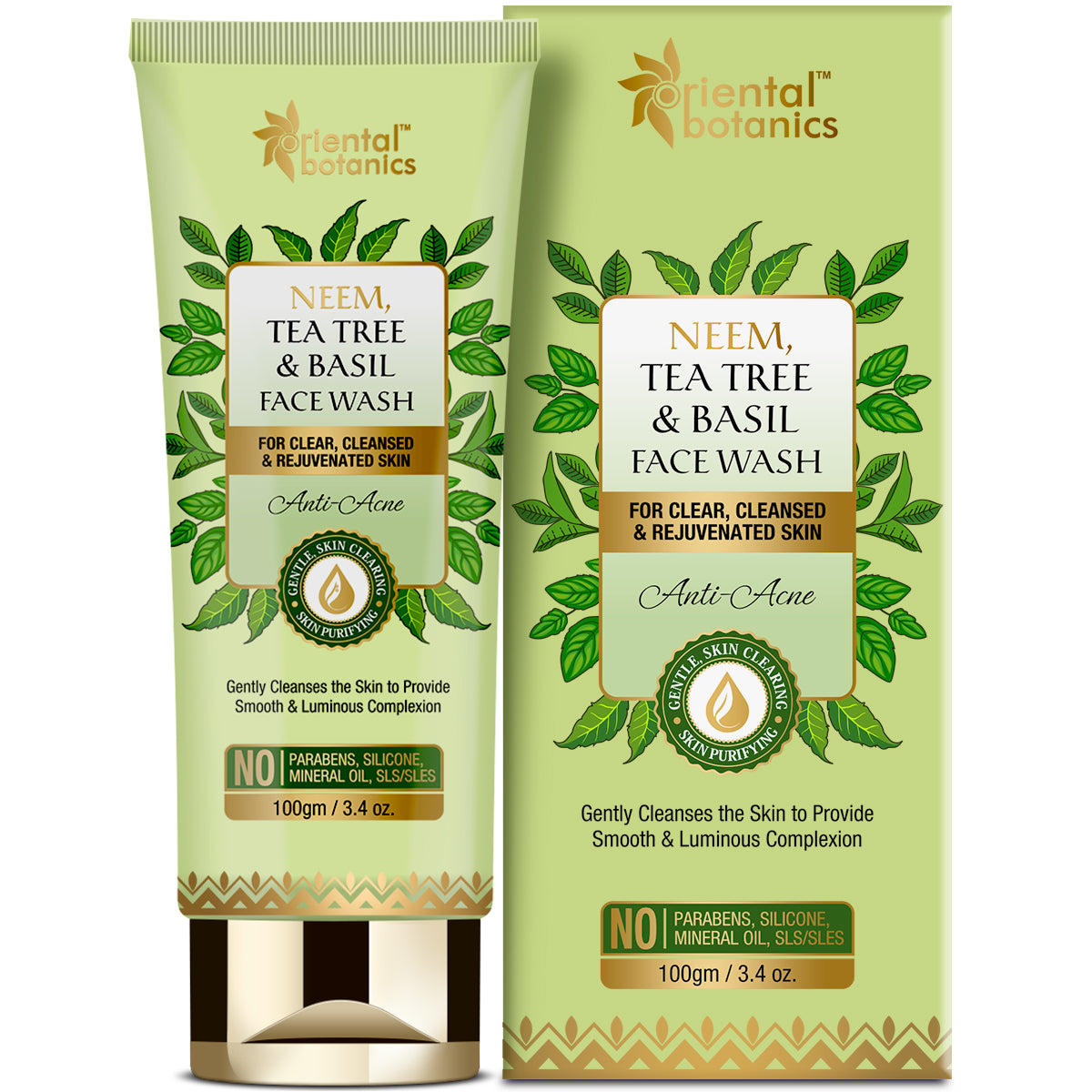 Oriental Botanics Neem, Tea Tree and Basil Anti Acne Face Wash - For Clear and Rejuvenated Skin - No Parabens, Silicones, 100 ml