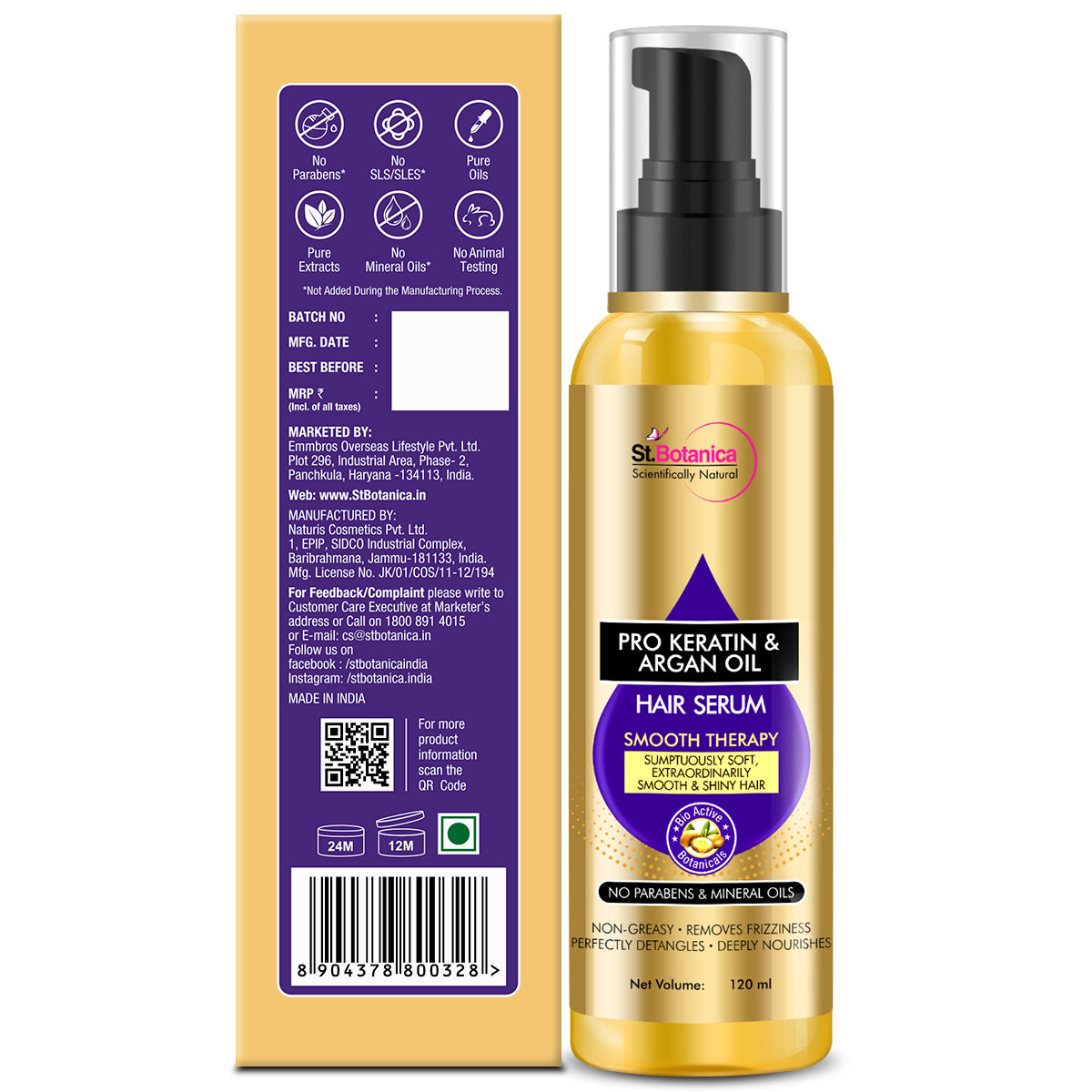St.Botanica Pro Keratin & Argan Oil Smooth Therapy Hair Serum - For Soft, Smooth & Shiny Hair, 120ml