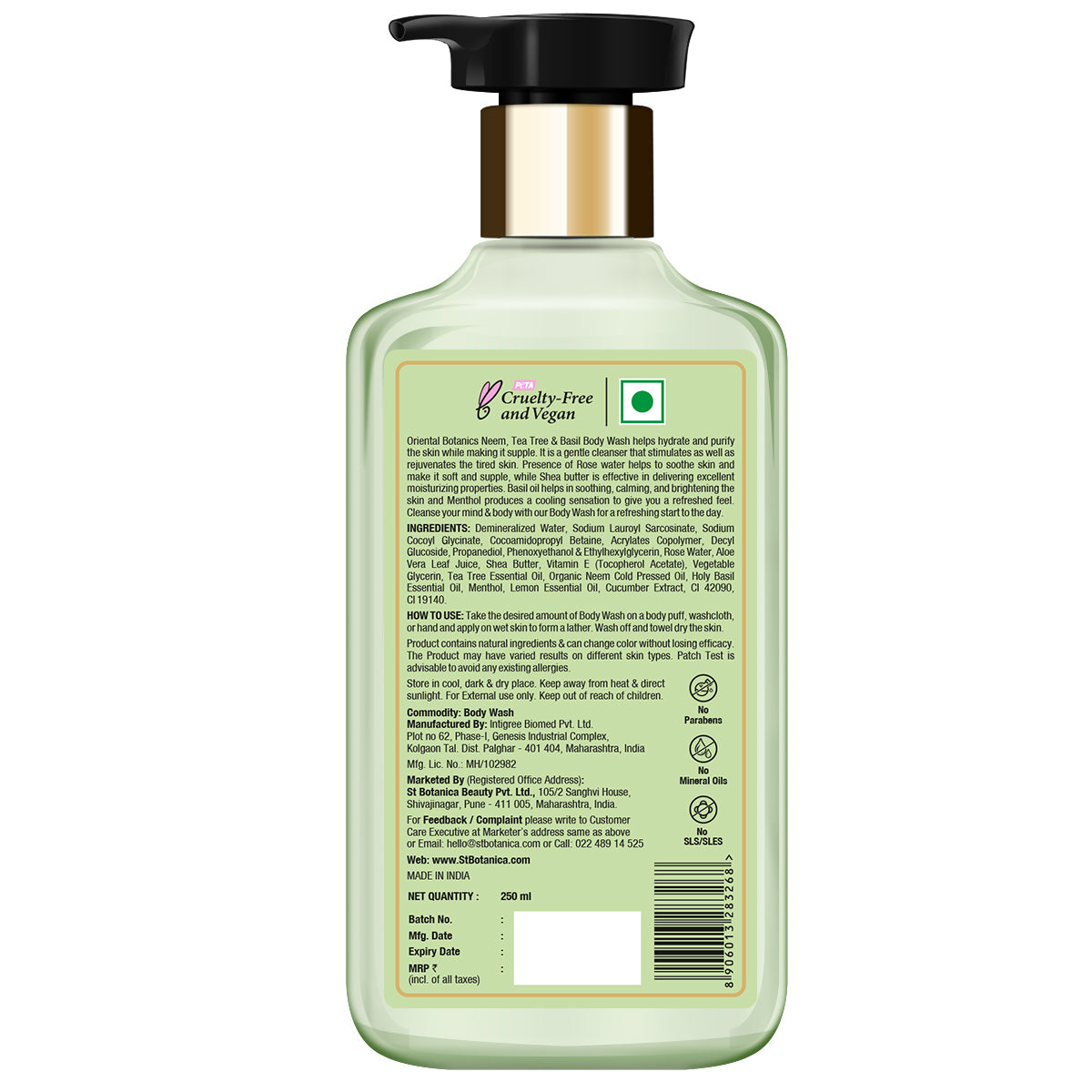Oriental Botanics Neem, Tea Tree And Basil Anti Acne Body Wash, For Cleansed, Hydrated And Nourished Skin, No Parabens, Silicones, 250 ml