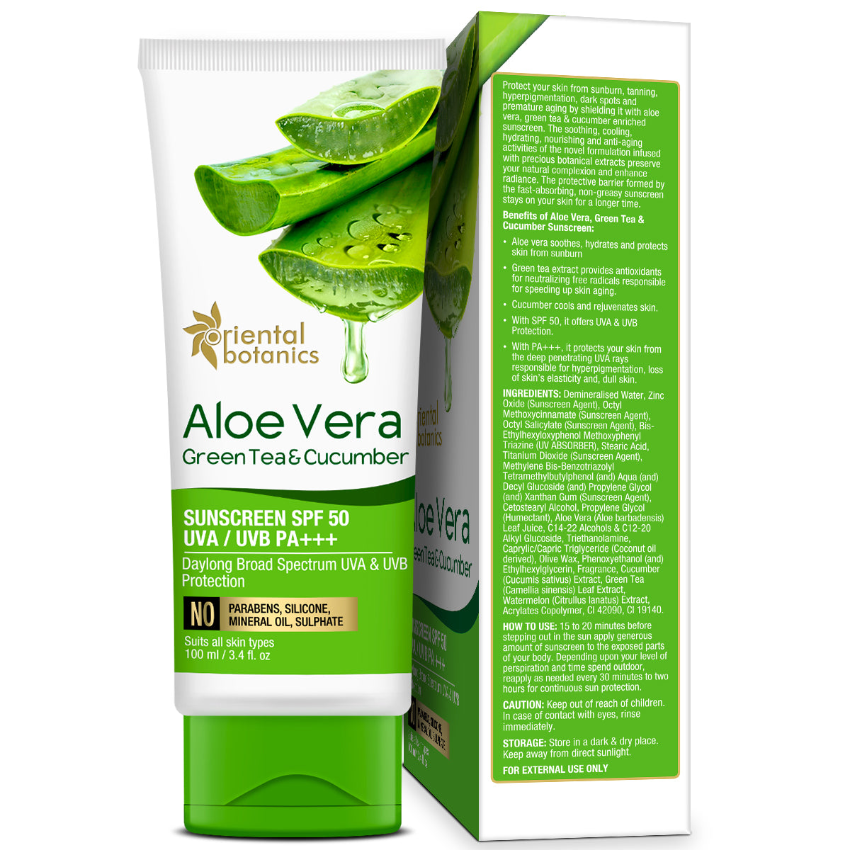 Oriental Botanics Aloe Vera, Green Tea and Cucumber Cream Sunscreen SPF 50 UVA/UVB Pa+++, 100 ml (ORBOT53)