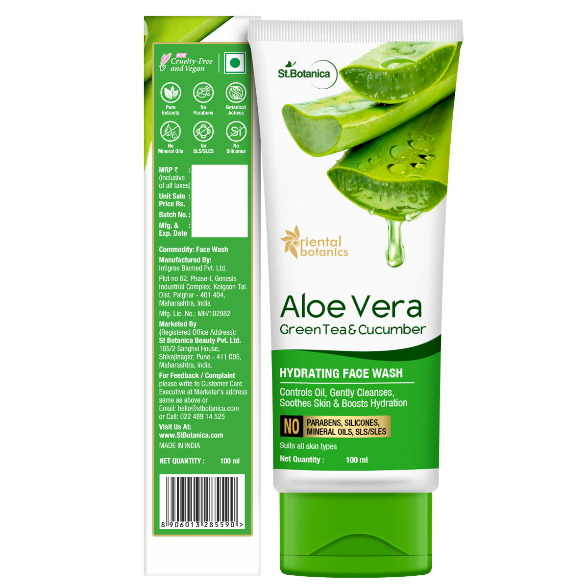 Oriental Botanics Aloe Vera, Green Tea & Cucumber Hydrating Face Wash - No Sulphate, Paraben, Silicone, 100 ml (ORBOT48)