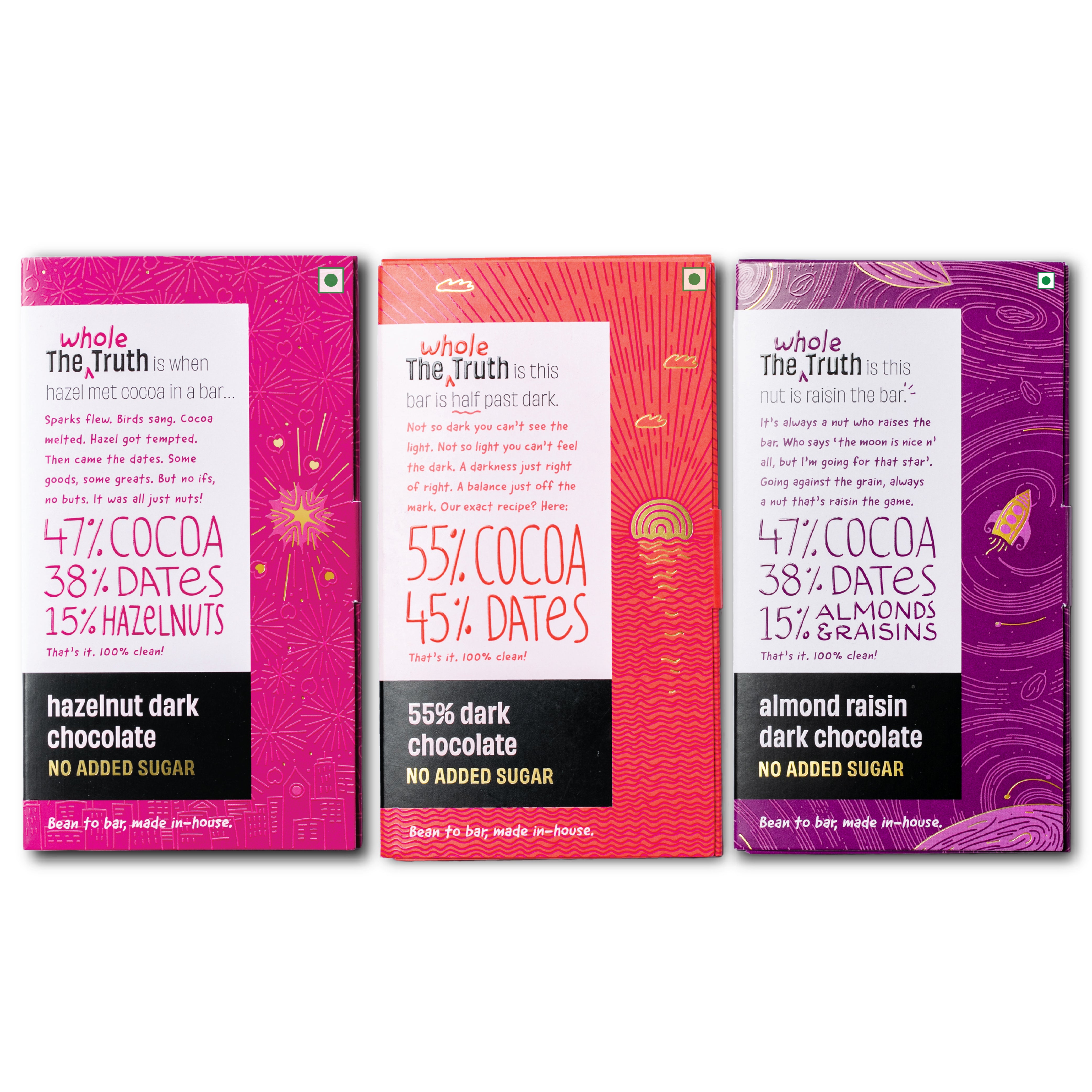 The Whole Truth Dark Chocolate | Combo Pack of 3 | 3 X 80gm | 55% Dark + Hazelnut + Almond Raisins | No Added Sugar, only Dates