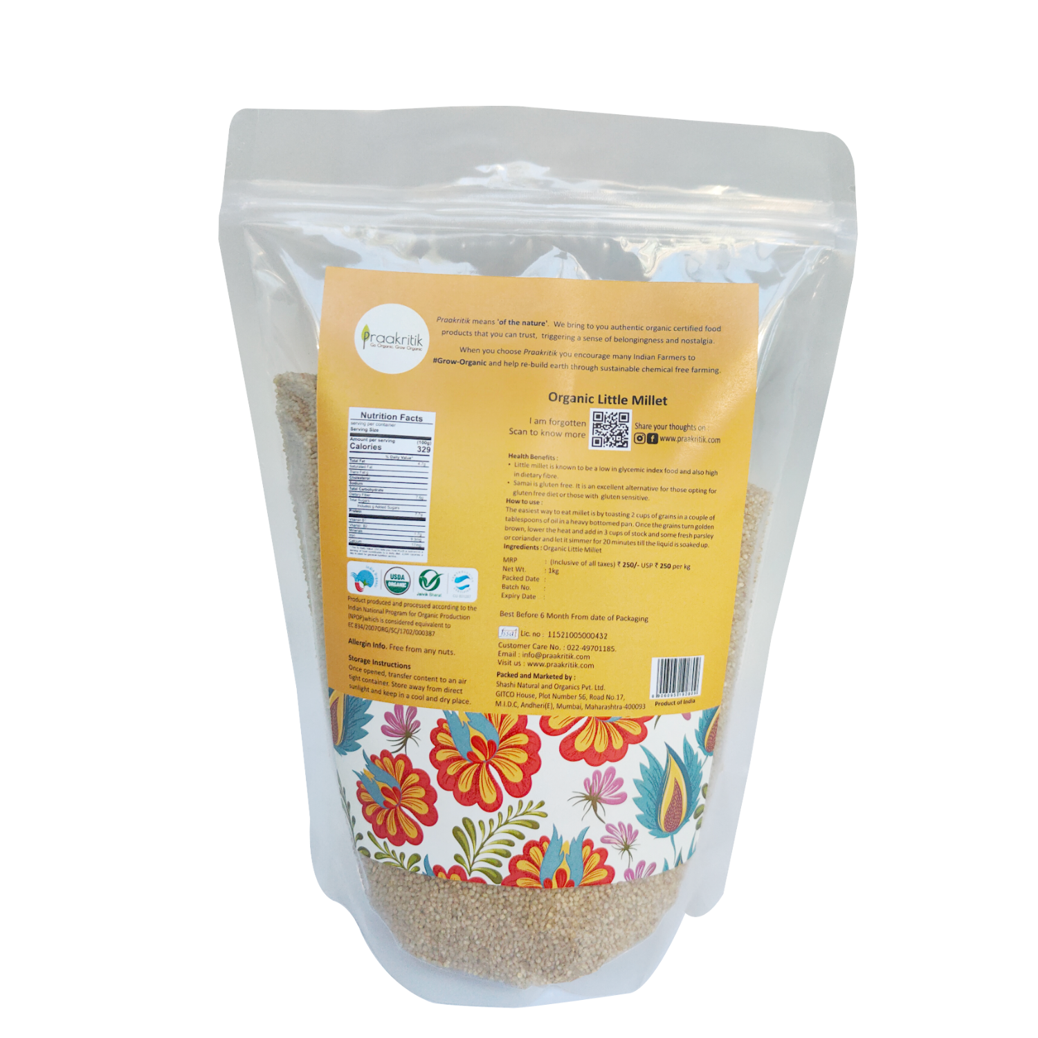 Praakritik Organic Little Millet (Sama) | Good for Heart & Cholestrol | Maintains Blood Sugar | Gluten-Free| 1kg