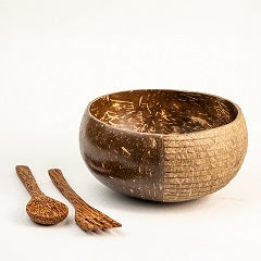 Thenga Hand Carved Jumbo Coconut Bowl - 900 ML, 1 Bowl with Spoon and Fork ( Brown, Pack of 1 )